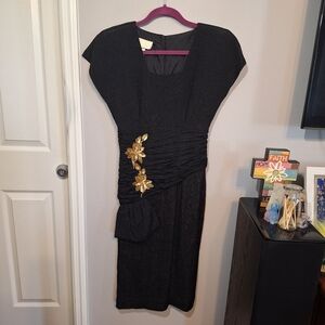 Cache Vintage Black Midi Dress with Gold Floral Sequin Embellishment
